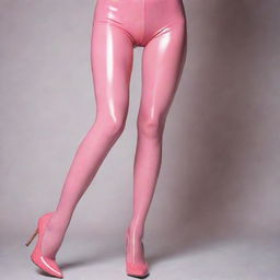 A stylish image of a girl elegantly donned in pink latex pantyhose.