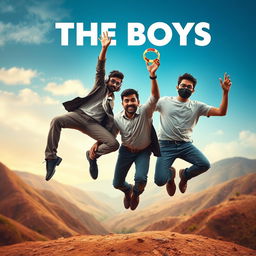 A cinematic funny close-up poster titled 'The Boys', featuring three modern 27-year-old Indian men engaging in humorous and adventurous antics as they attempt to catch a small magical ring adorned with a vibrant red diamond