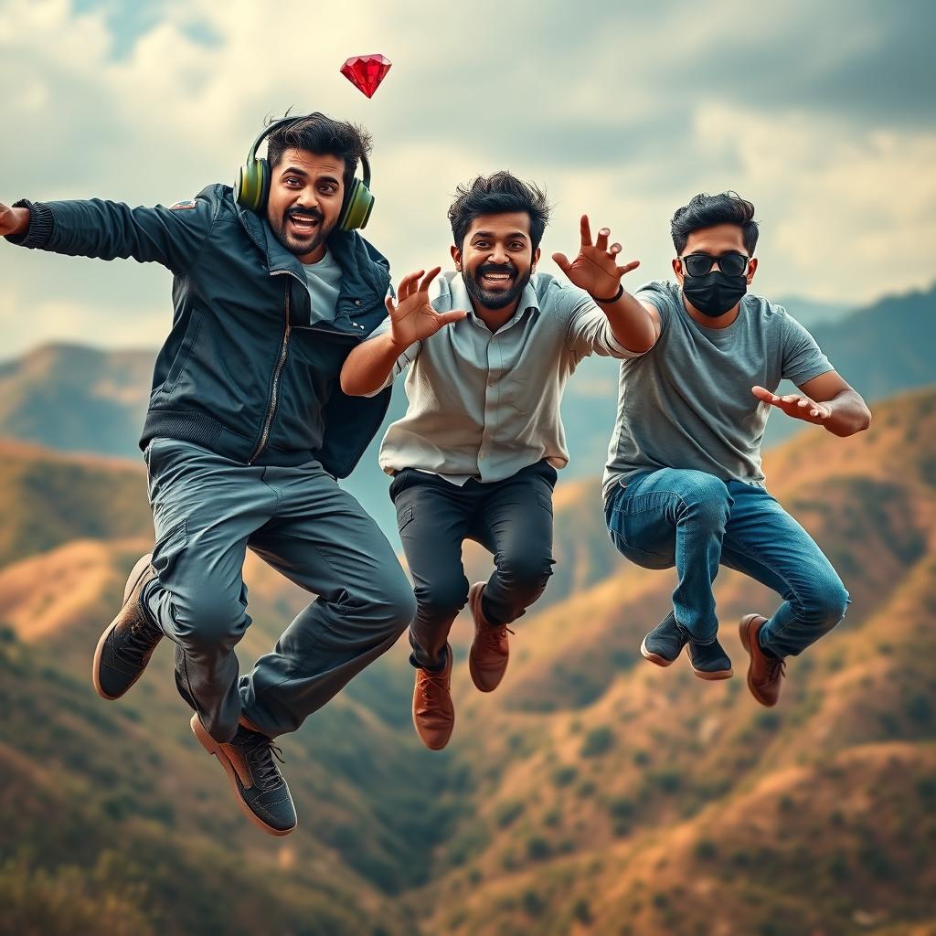 A cinematic funny close-up poster titled 'The Boys', featuring three modern 27-year-old Indian men engaging in humorous and adventurous antics as they attempt to catch a small magical ring adorned with a vibrant red diamond