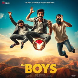 A cinematic funny close-up poster titled 'The Boys', featuring three modern 27-year-old Indian men engaging in humorous and adventurous antics as they attempt to catch a small magical ring adorned with a vibrant red diamond