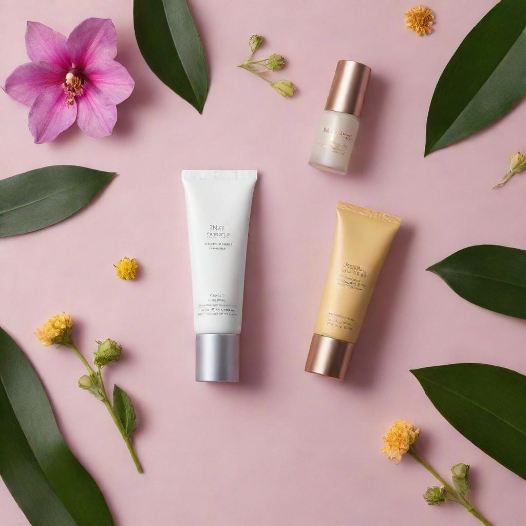 Generate stunning visuals capturing the luxurious and transformative essence of a skincare line: serene landscapes meeting vibrant botanicals representing radiant, healthy skin.