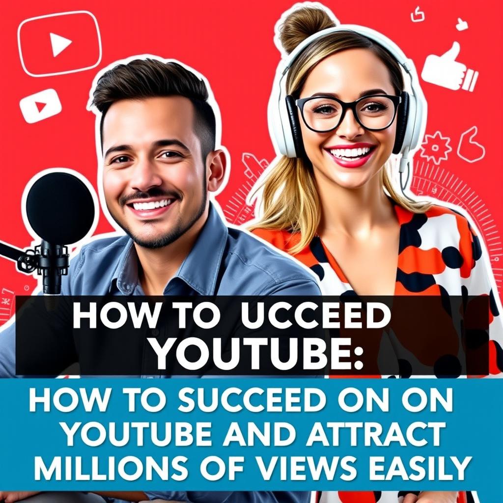 A vibrant and eye-catching YouTube thumbnail for a podcast episode titled "How to Succeed on YouTube and Attract Millions of Views Easily