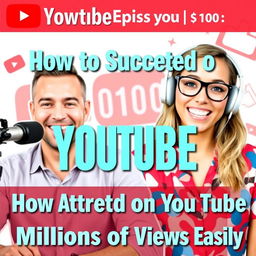 A vibrant and eye-catching YouTube thumbnail for a podcast episode titled "How to Succeed on YouTube and Attract Millions of Views Easily