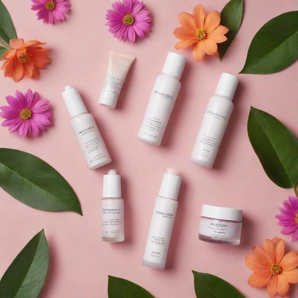 Generate stunning visuals capturing the luxurious and transformative essence of a skincare line: serene landscapes meeting vibrant botanicals representing radiant, healthy skin.