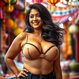 A curvy Bengali girl with large breasts, wearing a stylish and revealing bra that accentuates her figure