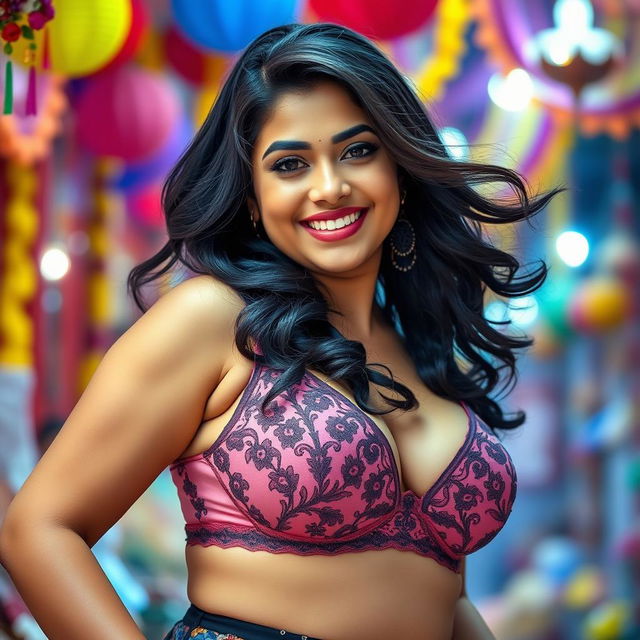 A curvy Bengali girl with large breasts, wearing a stylish and revealing bra that accentuates her figure