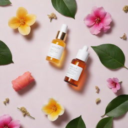 Generate stunning visuals capturing the luxurious and transformative essence of a skincare line: serene landscapes meeting vibrant botanicals representing radiant, healthy skin.