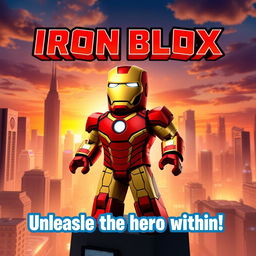 A Roblox movie poster themed around the Iron Man 2008 film, titled 'Iron Blox'