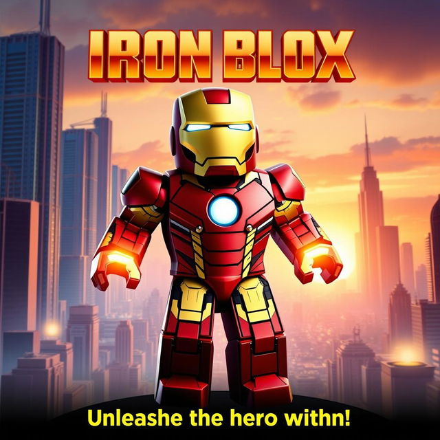 A Roblox movie poster themed around the Iron Man 2008 film, titled 'Iron Blox'