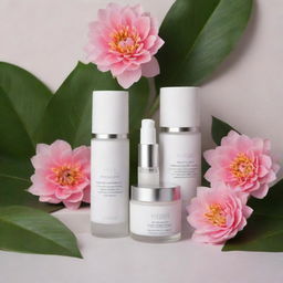 Generate stunning visuals capturing the luxurious and transformative essence of a skincare line: serene landscapes meeting vibrant botanicals representing radiant, healthy skin.