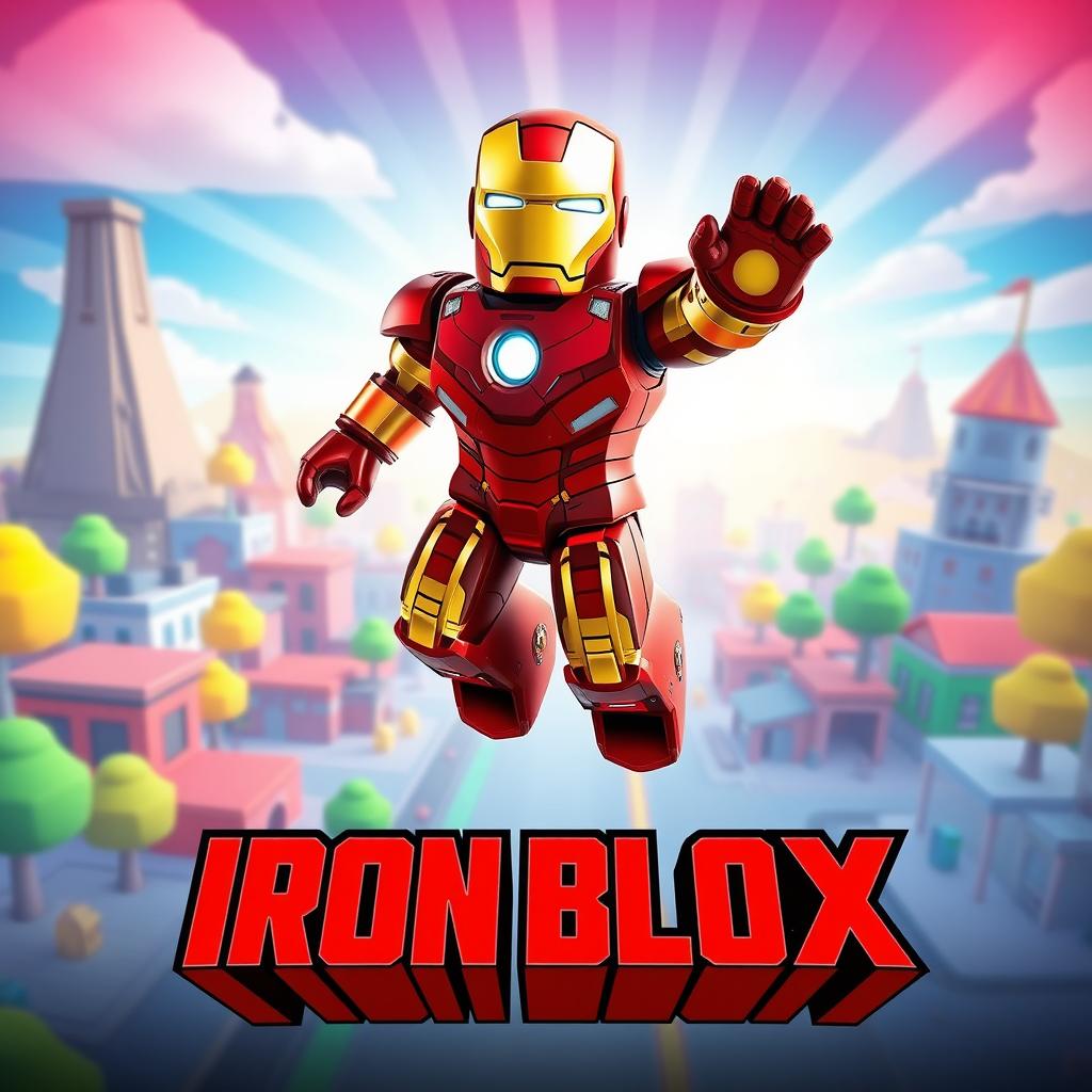 A vibrant and imaginative movie poster for a Roblox film titled 'Iron Blox', inspired by the 2008 film Iron Man