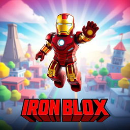 A vibrant and imaginative movie poster for a Roblox film titled 'Iron Blox', inspired by the 2008 film Iron Man