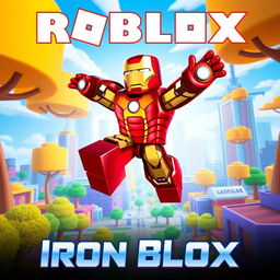 A vibrant and imaginative movie poster for a Roblox film titled 'Iron Blox', inspired by the 2008 film Iron Man