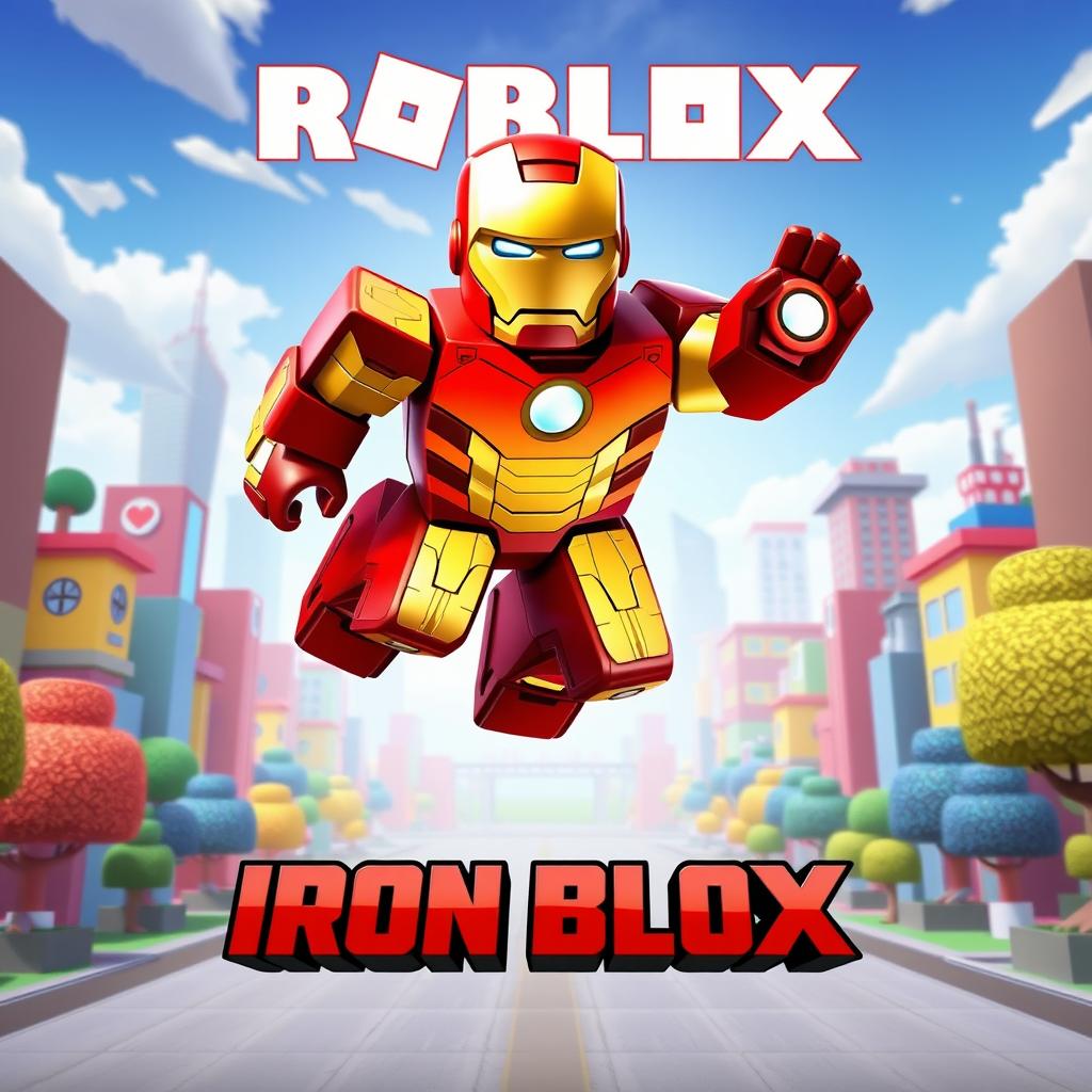 A vibrant and imaginative movie poster for a Roblox film titled 'Iron Blox', inspired by the 2008 film Iron Man