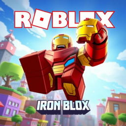 A vibrant and imaginative movie poster for a Roblox film titled 'Iron Blox', inspired by the 2008 film Iron Man