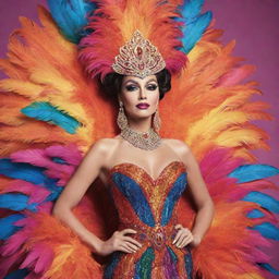 An animated character radiating confidence and charisma, bedecked in an over-the-top feathered dress costume for a thrilling drag race. The bold colors and flamboyant style create an unforgettable image.