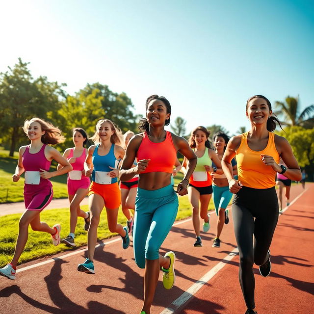 A dynamic and energetic scene of a group of diverse athletes wearing modern running outfits, showcasing bright and vibrant colors