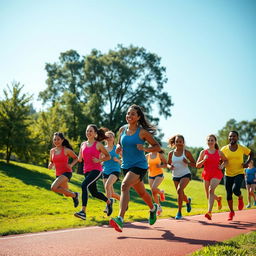 A dynamic and energetic scene of a group of diverse athletes wearing modern running outfits, showcasing bright and vibrant colors