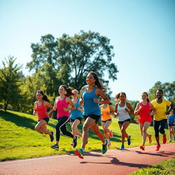 A dynamic and energetic scene of a group of diverse athletes wearing modern running outfits, showcasing bright and vibrant colors