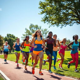 A dynamic and energetic scene of a group of diverse athletes wearing modern running outfits, showcasing bright and vibrant colors