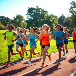 A dynamic and energetic scene of a group of diverse athletes wearing modern running outfits, showcasing bright and vibrant colors