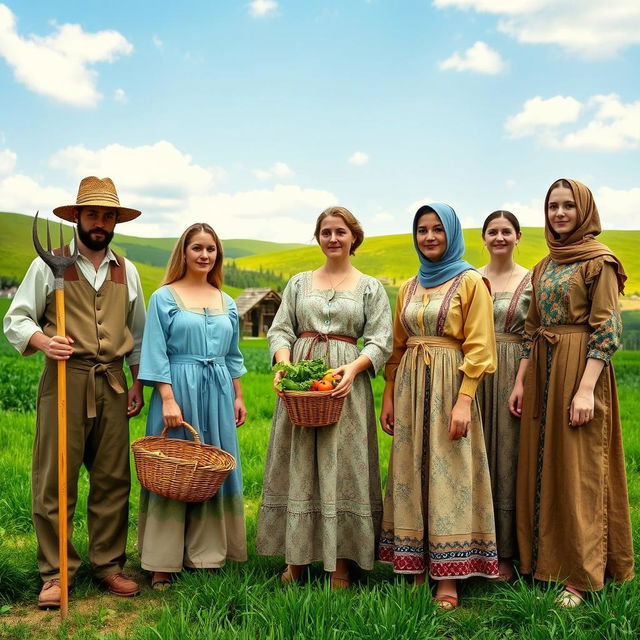 A group of peasants in a lush, green countryside setting, wearing traditional peasant attire