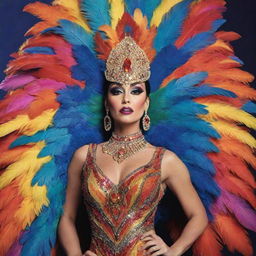 An animated character radiating confidence and charisma, bedecked in an over-the-top feathered dress costume for a thrilling drag race. The bold colors and flamboyant style create an unforgettable image.