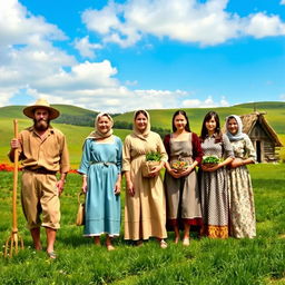 A group of peasants in a lush, green countryside setting, wearing traditional peasant attire