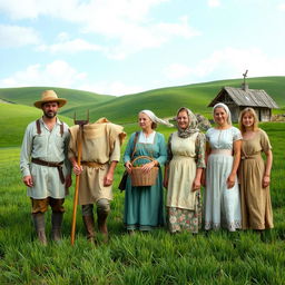 A group of peasants in a lush, green countryside setting, wearing traditional peasant attire