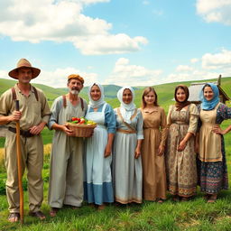 A group of peasants in a lush, green countryside setting, wearing traditional peasant attire