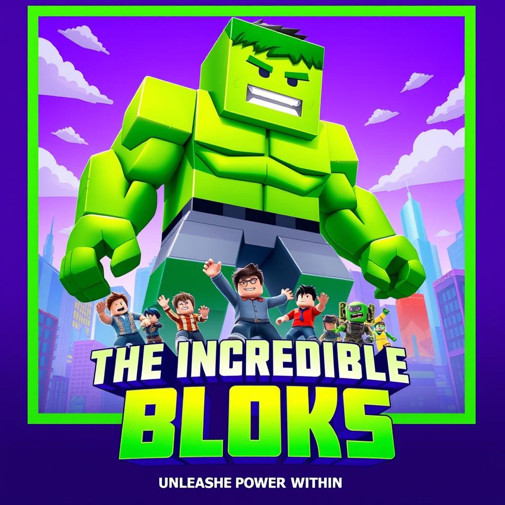 A vibrant and dynamic movie poster for 'The Incredible Blox', inspired by the 2008 film 'The Incredible Hulk'