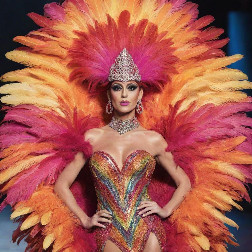 An animated character radiating confidence and charisma, bedecked in an over-the-top feathered dress costume for a thrilling drag race. The bold colors and flamboyant style create an unforgettable image.