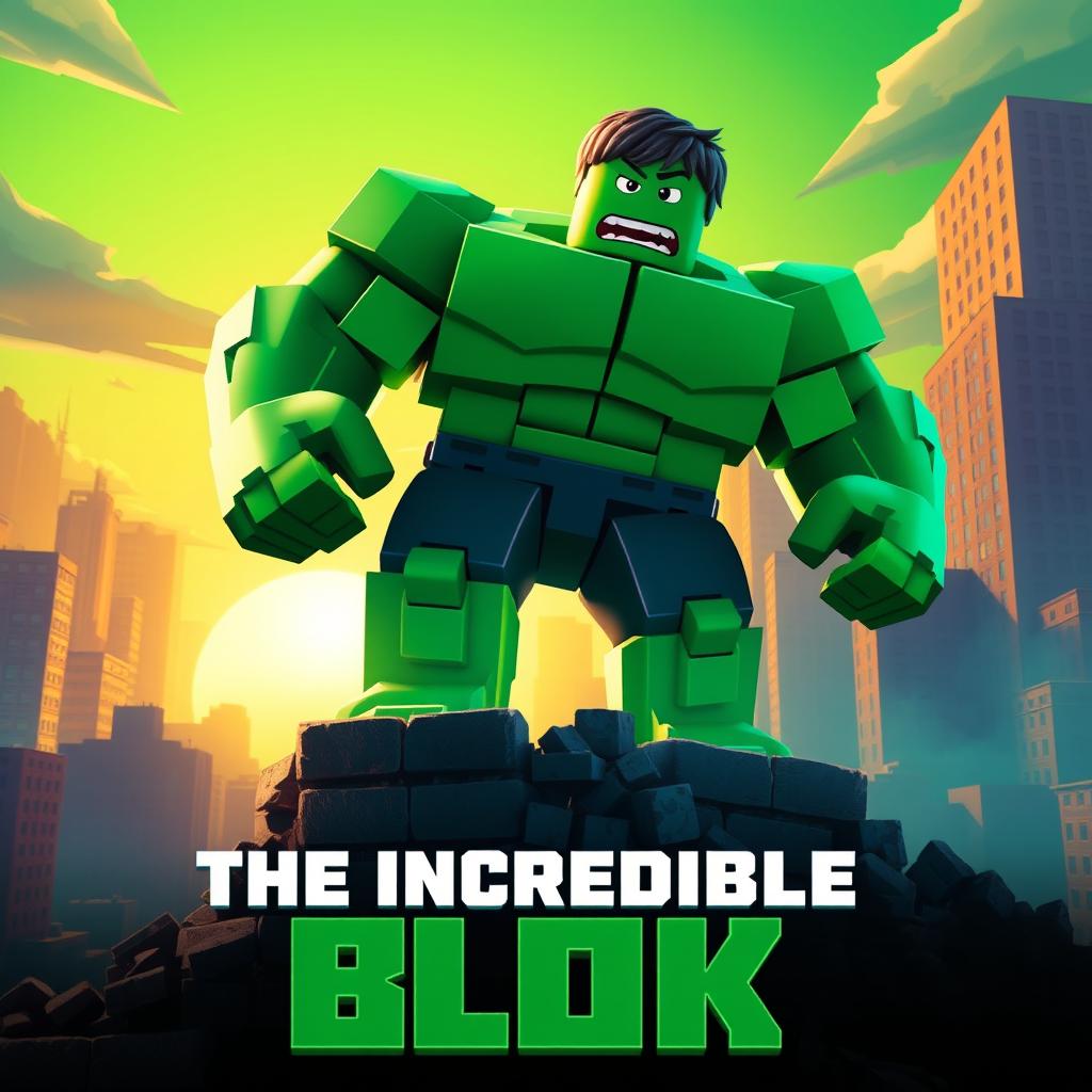 A vibrant and dynamic movie poster for a fictional film titled "The Incredible Blox", inspired by the 2008 film The Incredible Hulk