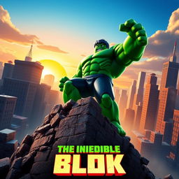 A vibrant and dynamic movie poster for a fictional film titled "The Incredible Blox", inspired by the 2008 film The Incredible Hulk