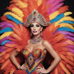 An animated character radiating confidence and charisma, bedecked in an over-the-top feathered dress costume for a thrilling drag race. The bold colors and flamboyant style create an unforgettable image.