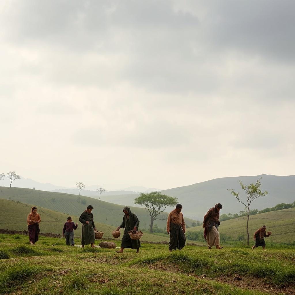 A serene landscape featuring a group of peasants dressed in traditional attire, engaging in daily activities like farming and gathering