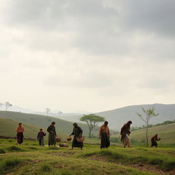 A serene landscape featuring a group of peasants dressed in traditional attire, engaging in daily activities like farming and gathering