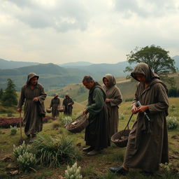 A serene landscape featuring a group of peasants dressed in traditional attire, engaging in daily activities like farming and gathering