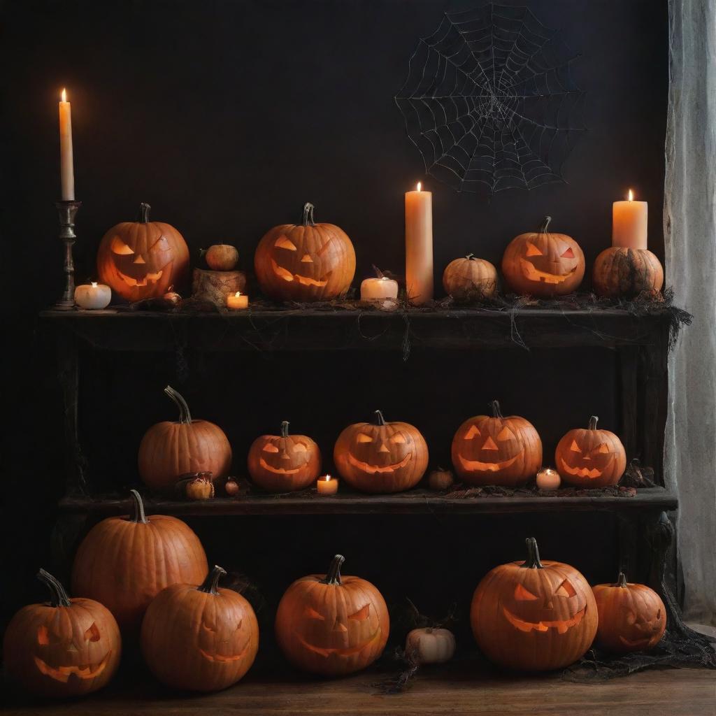 An eerie yet enticing scene filled with typical Halloween decorations such as carved pumpkins, ghost ornaments, spider webs, and eerie candles.