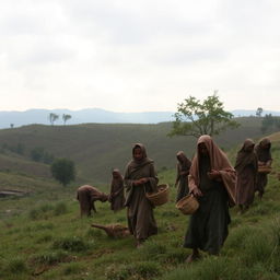 A serene landscape featuring a group of peasants dressed in traditional attire, engaging in daily activities like farming and gathering