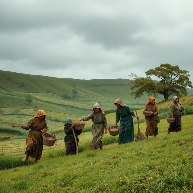 A serene landscape featuring a group of peasants dressed in traditional attire, engaging in daily activities like farming and gathering