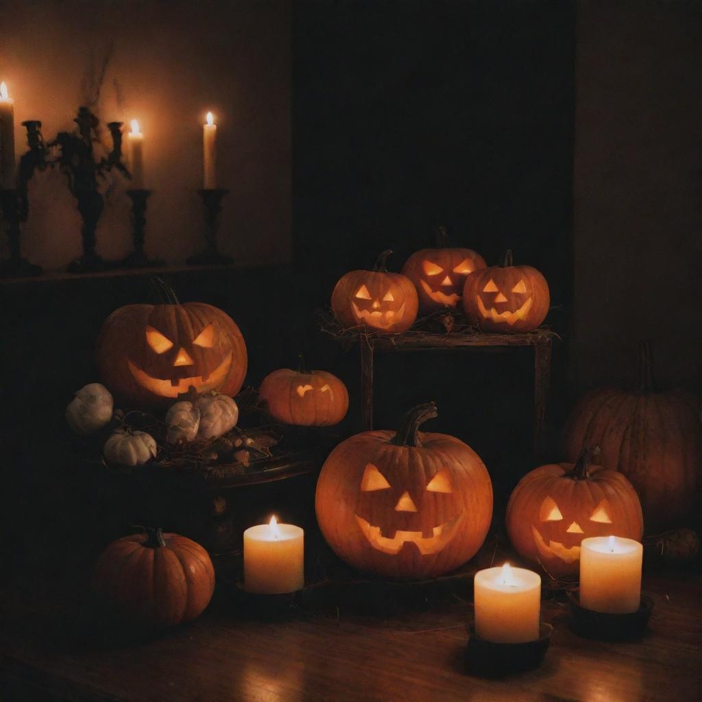 An eerie yet enticing scene filled with typical Halloween decorations such as carved pumpkins, ghost ornaments, spider webs, and eerie candles.