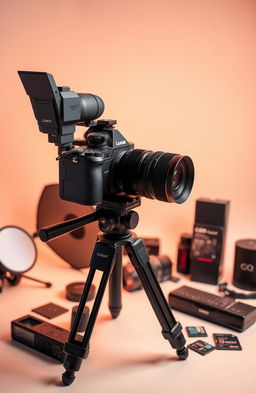 A high-quality image of a professional camera setup on a sturdy tripod, displaying various detailed features of the camera including an adjustable lens, buttons, and dials