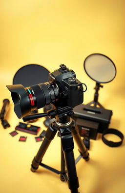 A high-quality image of a professional camera setup on a sturdy tripod, displaying various detailed features of the camera including an adjustable lens, buttons, and dials