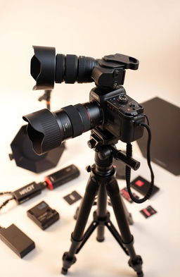 A high-quality image of a professional camera setup on a sturdy tripod, displaying various detailed features of the camera including an adjustable lens, buttons, and dials