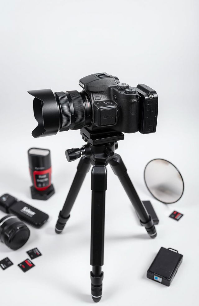 A high-quality image of a professional camera setup on a sturdy tripod, displaying various detailed features of the camera including an adjustable lens, buttons, and dials