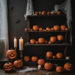 An eerie yet enticing scene filled with typical Halloween decorations such as carved pumpkins, ghost ornaments, spider webs, and eerie candles.