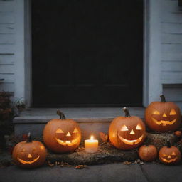 An eerie yet enticing scene filled with typical Halloween decorations such as carved pumpkins, ghost ornaments, spider webs, and eerie candles.