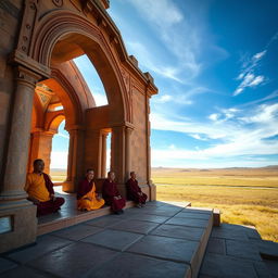 A stunning scene of Mongolian monks in traditional robes, engaged in meditation inside a beautifully crafted stone temple