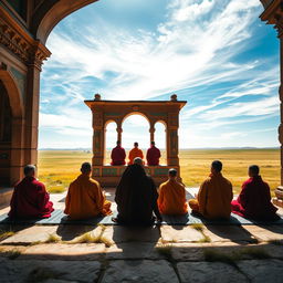 A stunning scene of Mongolian monks in traditional robes, engaged in meditation inside a beautifully crafted stone temple